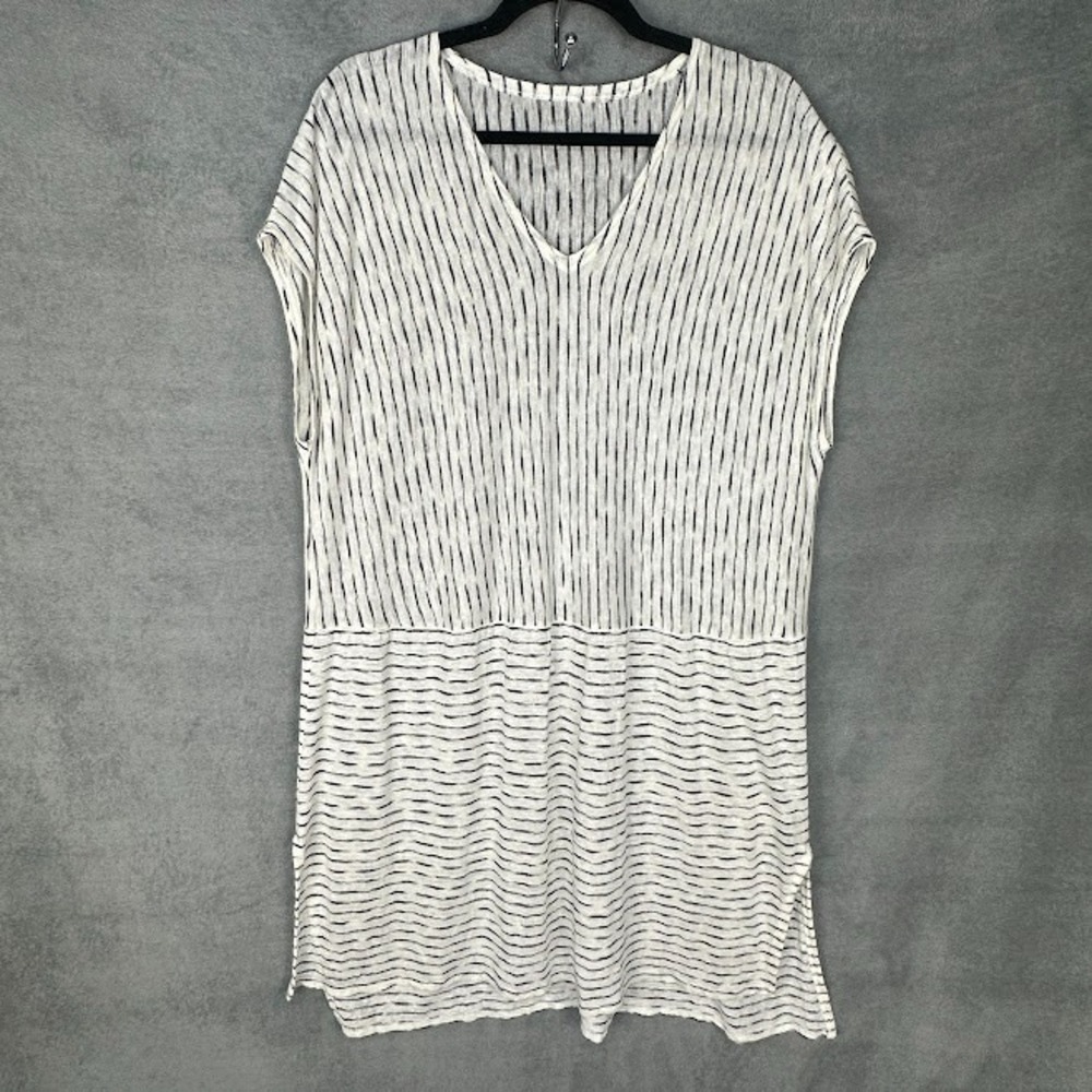 Eileen Fisher Dress Womens Large Black White Striped Organic Linen Lightweight